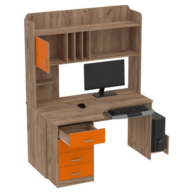 Компьютерный стол КП-СКЭ-8 Правый цвет Дуб Крафт+Оранжевый 140/90/182 см