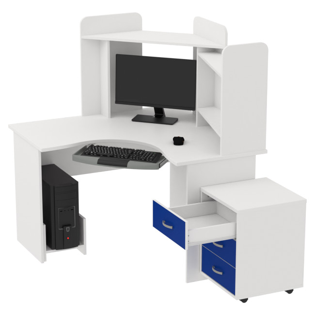 Компьютерный стол КП-СКЭ-3 цвет Белый+Синий 120/120/143