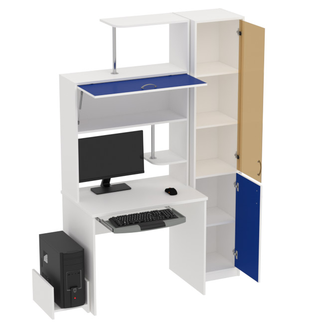 Компьютерный стол цвет Белый+Синий КП-СК-13 тон. бронза 130/60/202 см