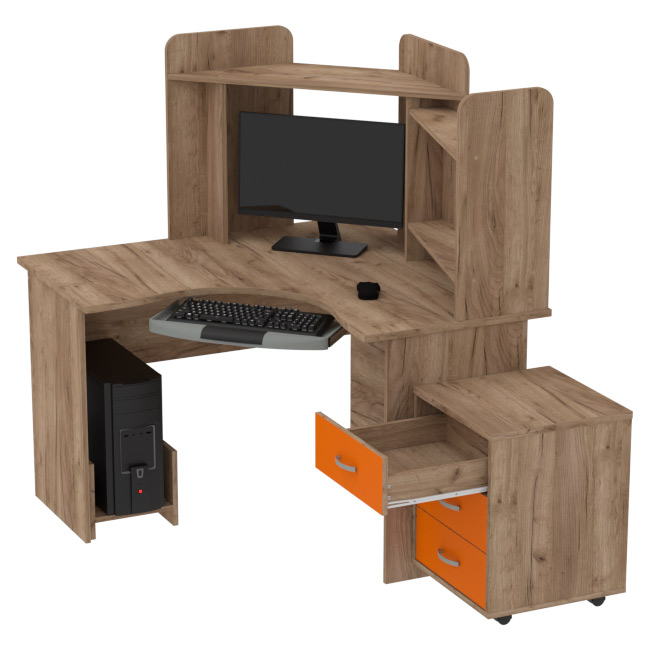 Компьютерный стол КП-СКЭ-3 цвет Дуб Крафт+Оранж 120/120/141 см