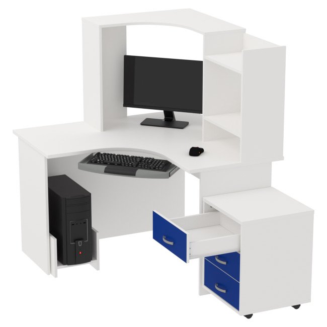 Компьютерный стол КП-СКЭ-4 цвет Белый+Синий 120/120/141 см